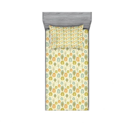 Ambesonne Forest Fitted Sheet & Pillow Sham Set, Trees Hearts and Flowers, Twinxl, Multicolor