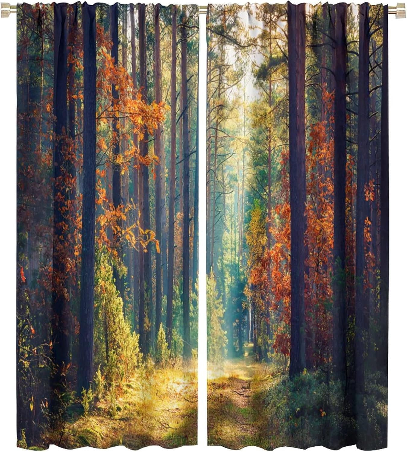 Forest Bedroom Curtains,Nature Scenery Sunshine Trees Blackout Window Door Curtains for Bedroom Living Room Kitchen Bathroom Hotels Decor,2 Panel Set W42xL54in