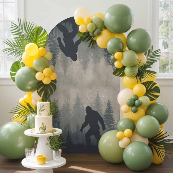 Forest Bigfoot Arch Backdrop Cover, 5FT, Vintage Sasquatch Animal Silhouette Foggy Dark Forest Plant Spandex Arch Covers Double-Sided Backdrop for Wedding Birthday Party Photo Background Decoration