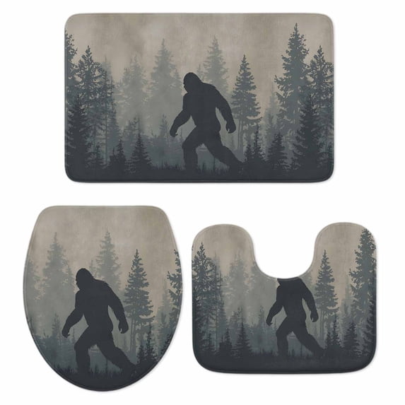 Forest Bigfoot Bathroom Rugs Set Vintage Sasquatch Animal Silhouette Foggy Dark Forest Plant Non Slip Absorbent Bath Mats 3 Piece Set Bathroom Rug, U-Shaped Floor Mat, Toilet Seat Cover Small Size