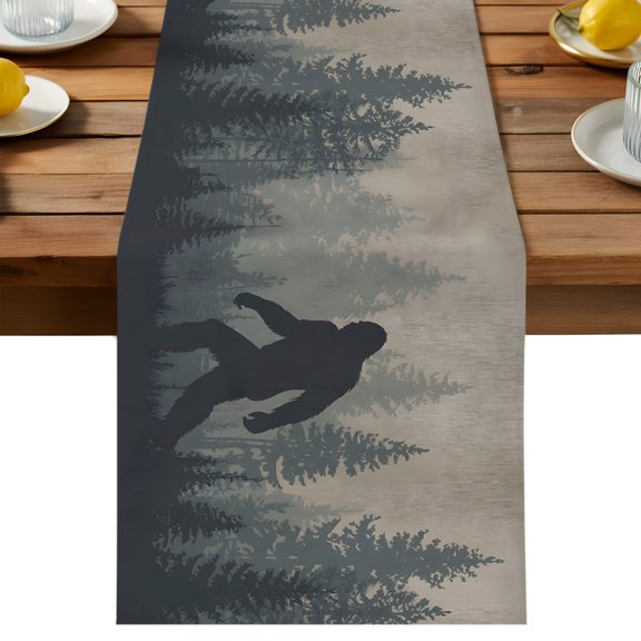 Forest Bigfoot Table Runner, Vintage Sasquatch Animal Silhouette Foggy Dark Forest Plant Cotton Linen Table Cloth, Tablerunner for Kitchen Dining Party Wedding Home Decor 13x70 Inch