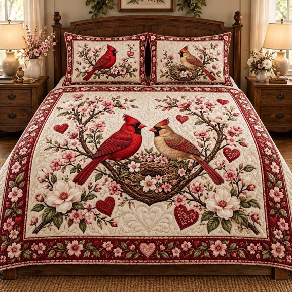 Red Cardinal Bird Floral Quilted Bedding Set, Romantic Quilt Bedspread