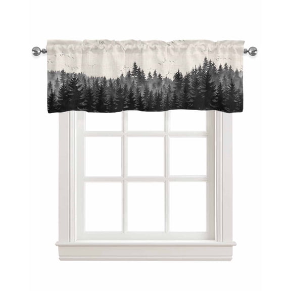 Forest Birds Linen Curtain Valance for Bedroom/Bathroom/Kitchen/Office/Living/Dining Room Windows,Vintage Pine Tree Animal Landscape Beige Rod Pocket Topper Drapes Decorative Cafe Drapery Panel 42x12