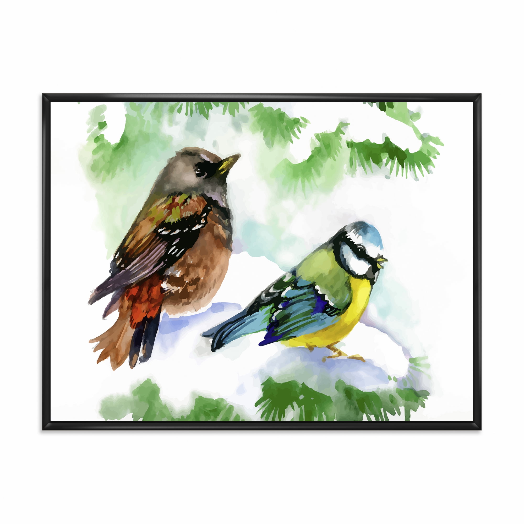 Forest Birds Sitting On Snowy Fir Tree Branch 40 in x 30 in Framed Painting Canvas Art Print, by Designart