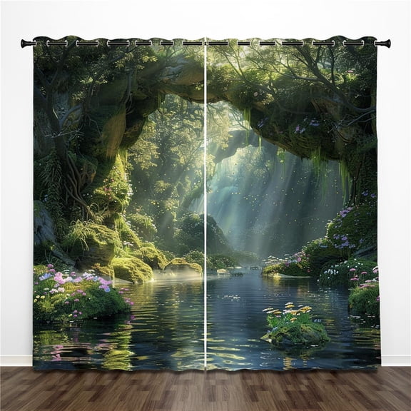 Forest Blackout Curtains 2 Panels-42Wx84L Each, A Mystical Forest with Ancient Trees and River Window Drapes