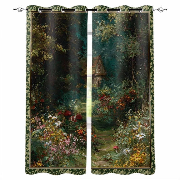 Forest Blackout Curtains 96 Inch Length 2 Panels Set, Spring Oil Painting Country Cabin Trees Flower Full Shading Curtains for Windows, Blackout Curtains for Bedroom Living Room 52"x96"
