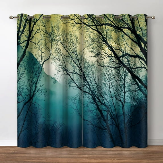 Forest Blackout Curtains - Foggy Misty Mountains Woodsy Tree Woodland Shrub Jungle Nature Scenery Grommet Drapes Decor Bedroom Living Room Darkening Window Treatments 2 Panels Set, 52" x 84"
