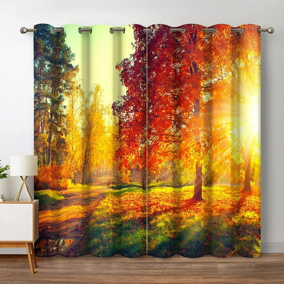 Forest Blackout Curtains Jungle Autumn Tree Orange Leaves Sunlight Print Fall Nature Scenic Decor Home Bedroom Living Room Grommet Window Drapes 2 Panel Set, 52"x84"