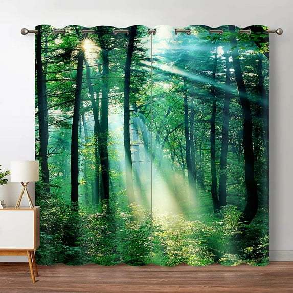 Forest Blackout Curtains Jungle Tree Nature Scenery Window Curtain Living Room Bedroom Waterfall Left and Right Biparting Open