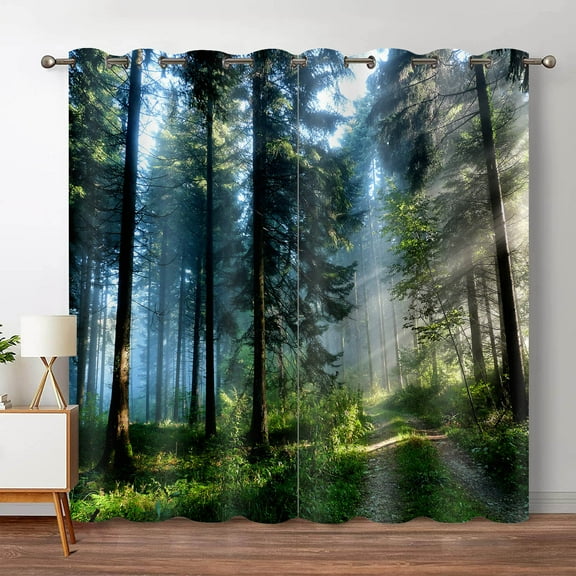 Forest Blackout Curtains Jungle Tree Nature Scenery Window Curtain Living Room Bedroom Waterfall Left and Right Biparting Open