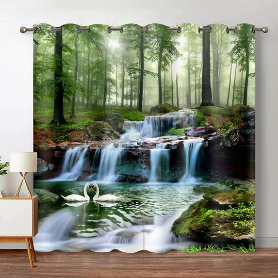 Forest Blackout Curtains Jungle Tree Nature Scenery Window Curtain Living Room Bedroom Waterfall Left and Right Biparting Open