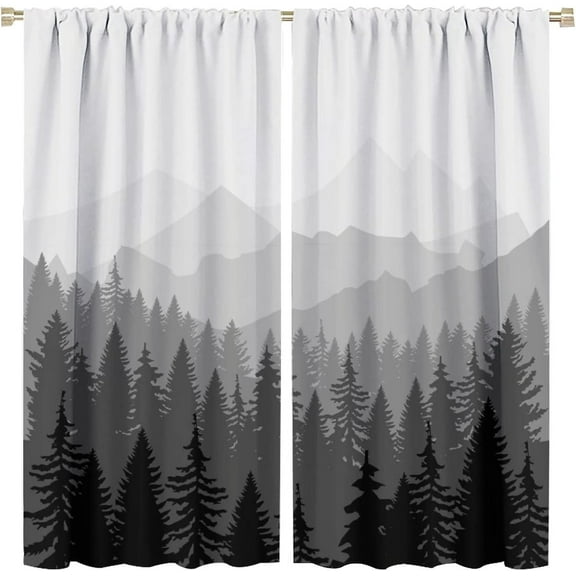 Forest Blackout Curtains Mountains Trees in The Fog Forest Nature Landscape Black Gray Art Printed for Living Room Bedroom Decor Rod Pocket Window Drapes 2 Panels 42x54in