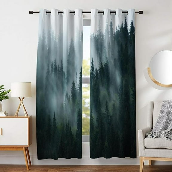 Forest Blackout Curtains, Nature Misty Pine Trees Woodland Grommet Window Curtains For Bedroom Living Room Dorm Home Decor 53"W x 84"L (Pack of 2)