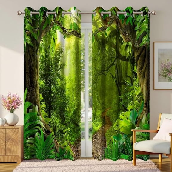 Forest Blackout Curtains River Rainforest Green Trees Foliage Waterfall Landscape Window Drapes For Bedroom Living Room Decor Grommet Window Drapes 53"W x 63"L (Pack of 2)