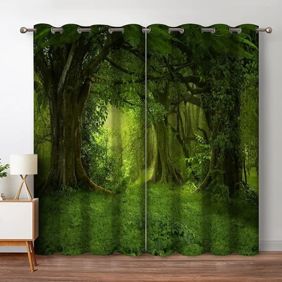 Forest Blackout Curtains Tropical Jungle Green Trees Foliage In The Woodland Landscape Nature Decor For Bedroom Living Room Grommet Window Drapes 42"W x 84"L (Pack of 2)