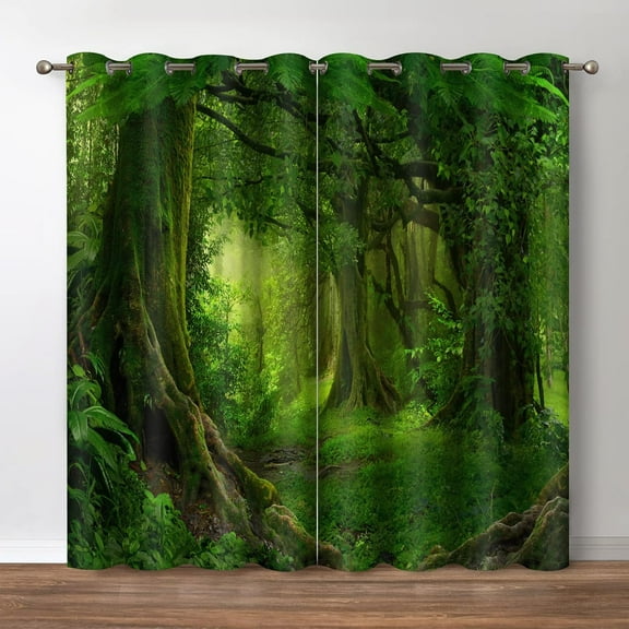 Forest Blackout Curtains Tropical Rainforest Green Tree Jungle Woodland Nature Scenery Print Decor House Bedroom Apartment Living Room Darkening Grommet Window Drapes 2 Panels Set,52x63 in