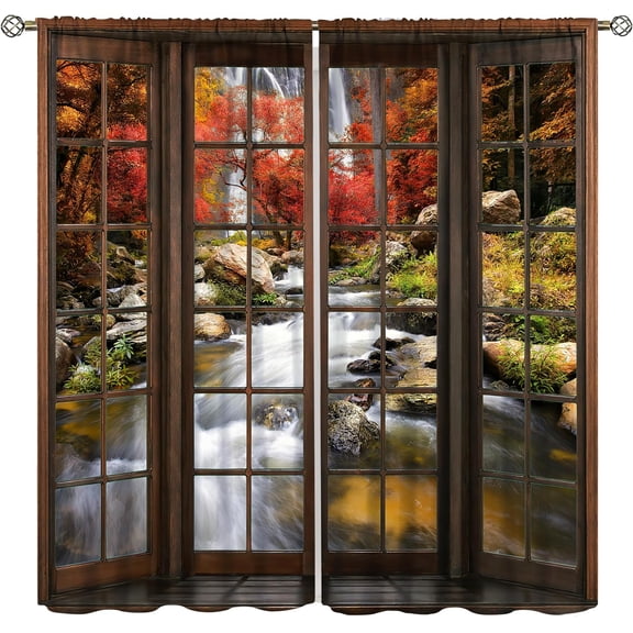 Forest Blackout Curtains, Windows Outside Waterfall Forest Natural Landscape for Bedroom Living Room, 2 Panel Set,84X84 Inch, Style-2