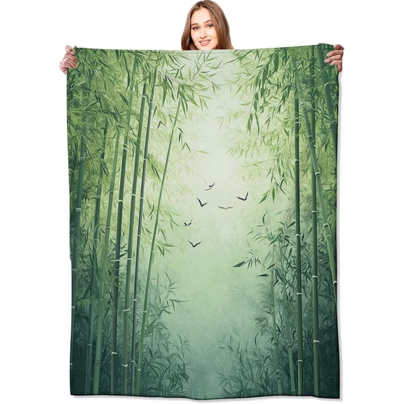 Forest Blanket Tranquil Green Bamboo Throw Blankets with Soaring Bird,Birthday Gifts for Women Girls,Lightweight Soft Fleece,for Sofa Couch Bed Room Zen Artistic Romantic Decor 40x50in