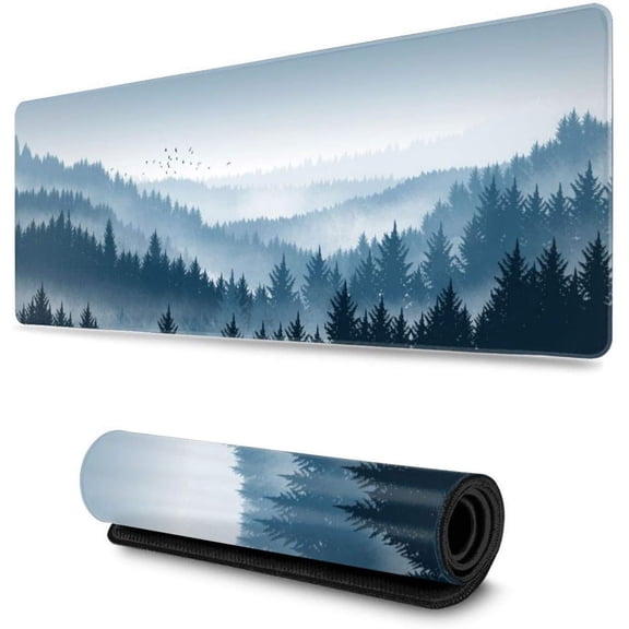 Forest Blue Mountains Gaming Mouse Pad XL, Extended Large Mouse Mat Desk Pad, Stitched Edges Mousepad, Long Nonslip Rubber Base Mice Pad, 31.5 X 11.8 Inch