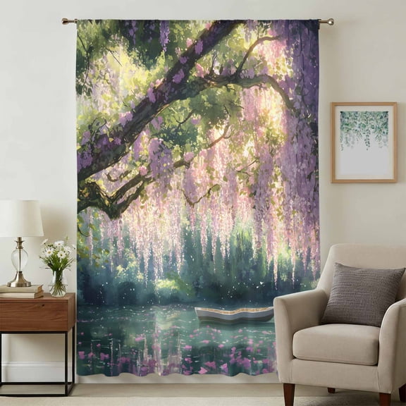 Forest Boat Sheer Curtains 96 Inches Long, Green Tree Flowers Floral Wilderness Scenery Light Filering Curtains, Privacy Drapes Simi Floor to Veiling Curtain for Living Room Bedroom Window Treatment