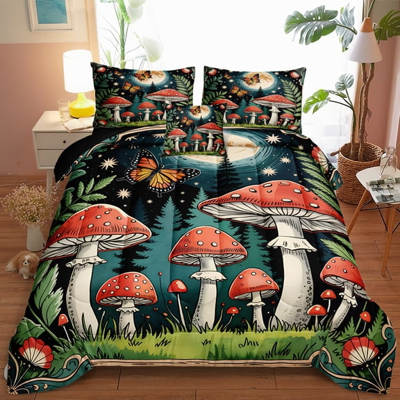 Forest Botanical Comforter Sets Red Mushroom Bedding Set Green Leaf Grass Flying Butterfly Mysterious Forest Theme Moon Stars Galaxy Bedroom Decor