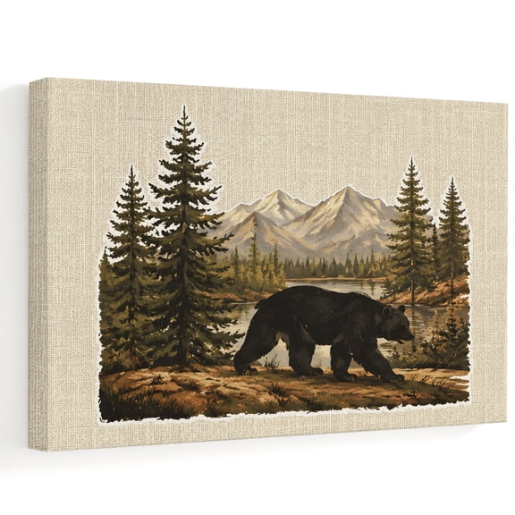 Forest Brown Bear Canvas Wall Art, Wilderness Mountain Pine Lake Rustic Farmhouse Wall Art Prints Artwork Framed Canvas Ready to Hang Art Pictures for Dining Room Bedroom Study Lounge Nook 18" x 12"