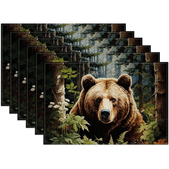 Forest Brown Bear Placemats Set of 6, Washable Heat Resistant Table Mat Animal Linen Place Mats for Party Kitchen Dining Home Decor 12x18 Inch