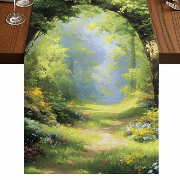 Forest Burlap Cotton Table Runner 13x36 Inches Short, Nature Woodland Spring Scenic Green Trees Flower Farmhouse Table Runners, Outdoor Dining Tablecloths Decor for Baby Shower/Party/Wedding