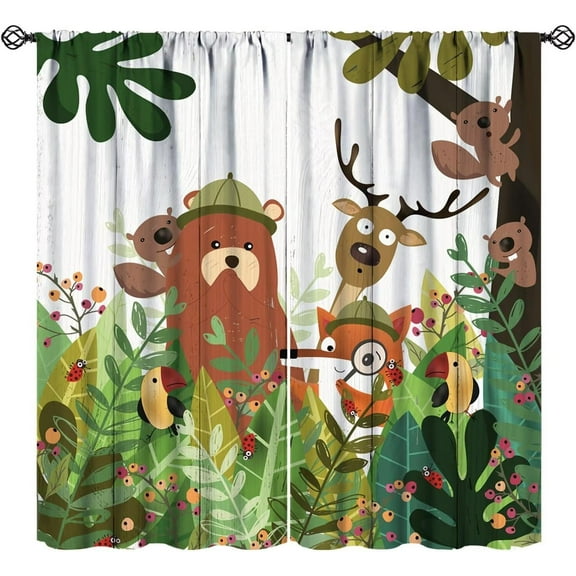 Forest Cabin Blackout Curtains, Rustic Cartoon Deer Bear Fox Rabbit Squirrel Woodland Animals Hunting Jungle Pattern 2 Panel Rod Pocket Window Drapes for Nursery Bedroom Kids Room Decor 27.5"W X 39"L