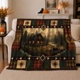thumbnail image 1 of Forest Cabin And Campfire Within Plaid Border, Soft Flannel Blanket with Rustic Patchwork Illustration Print, Housewarming Gift and Home Decor for Bedroom and Living Room, 1 of 7
