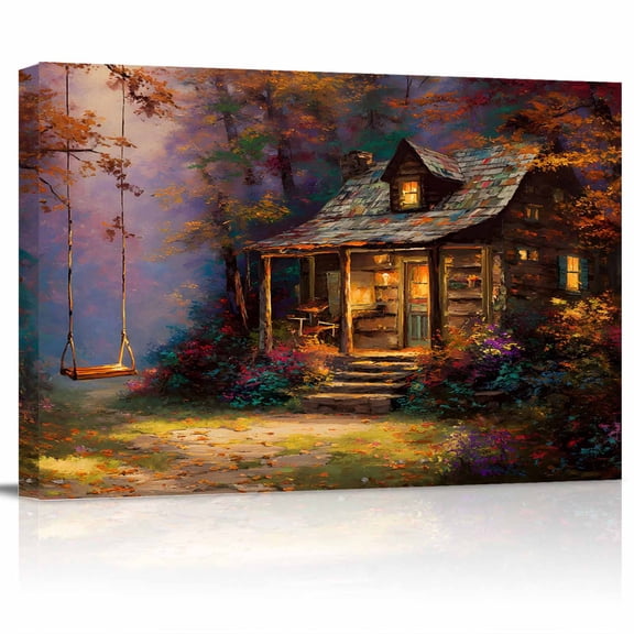 Forest Cabin Canvas Print Wall Art Fall Fallen Leaves Swing Tree Pastoral Pictures Painting Morden Artwork for Living Room Bedroom, Ready to Hang - 12"x16"
