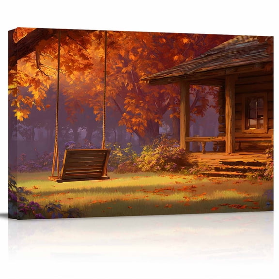 Forest Cabin Canvas Print Wall Art Fall Fallen Leaves Tree Maple Swing Pastoral Pictures Painting Morden Artwork for Living Room Bedroom, Ready to Hang - 12"x16"