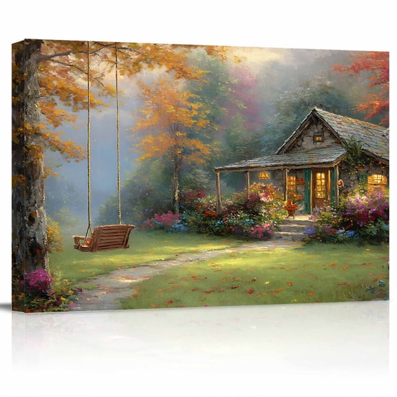 Forest Cabin Canvas Print Wall Art Fall Fallen Leaves Tree Swing Country Pictures Painting Morden Artwork for Living Room Bedroom, Ready to Hang - 12"x16"