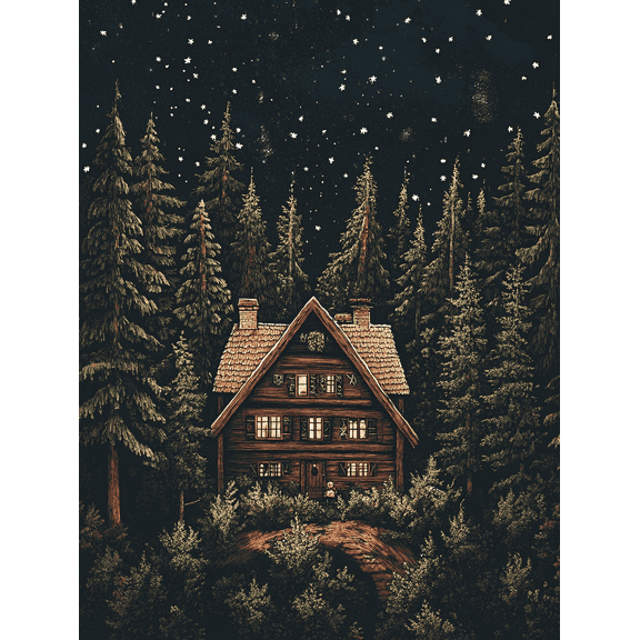 Forest Cabin Night Starry Sky Canvas Art Print Suitable for Living Room Bedroom Office Hallway and Apartment Decoration.