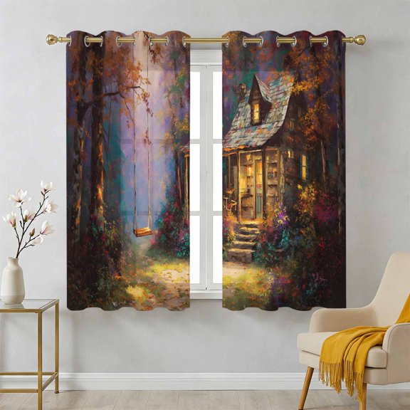 Forest Cabin Sheer Curtains 39 Inch Long 2 Panels, Fall Fallen Leaves Swing Tree Pastoral Light Filtering Semi Sheer Drapes Grommet Voile Window Curtain for Living Bedroom W27.9 x L39