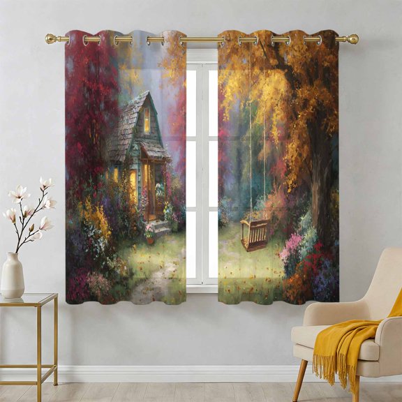 Forest Cabin Sheer Curtains 39 Inch Long 2 Panels, Fall Fallen Leaves Tree Swing Pastoral Light Filtering Semi Sheer Drapes Grommet Voile Window Curtain for Living Bedroom W27.9 x L39