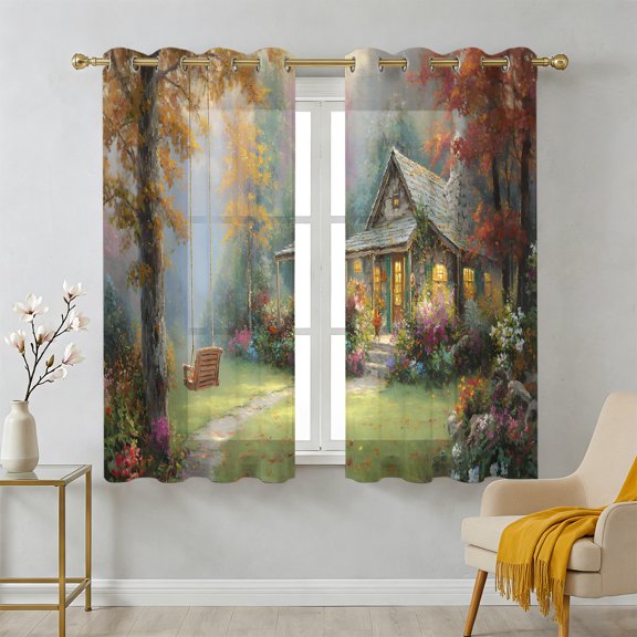 Forest Cabin Sheer Curtains 54 Inch Long 2 Panels, Fall Fallen Leaves Tree Swing Country Light Filtering Semi Sheer Drapes Grommet Voile Window Curtain for Living Bedroom W52 x L54