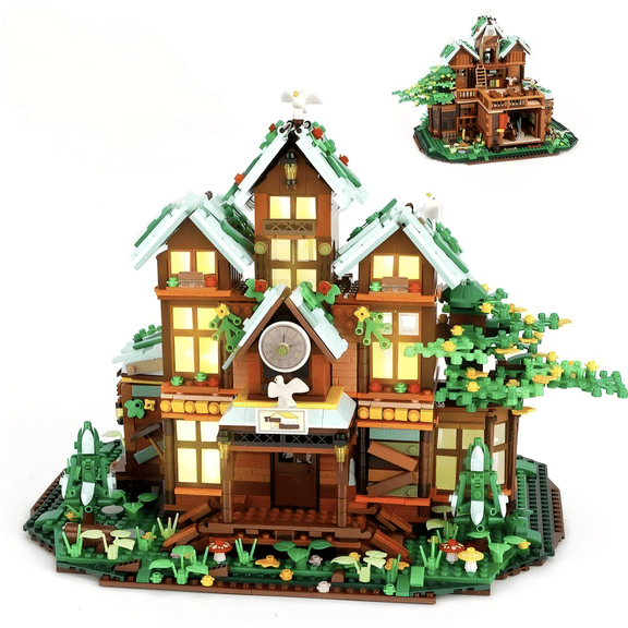 Forest Cabin Treehouse Building Blocks Set, Cozy Woodland Cottage with Lights, Creative Birthday Gift, Home Office Table Centerpiece