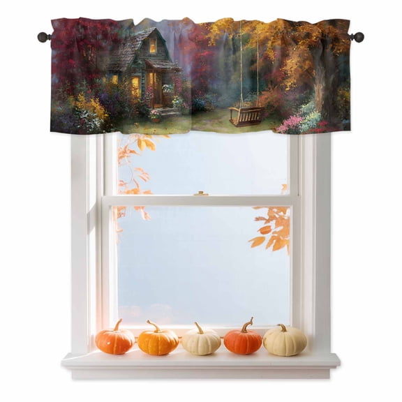 Forest Cabin Valances for Windows, 42 x 18in, Fall Fallen Leaves Tree Swing Pastoral Rod Pocket Kitchen Valance Curtain Light Filtering Window Treatments for Living Room Bedroom, 1 Panel
