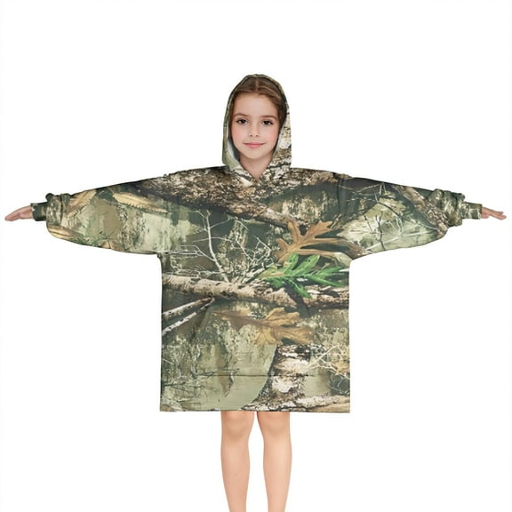 Forest Camo Branches Leaves Pattern Blanket Hoodies for Kids 6-13YR Oversize Wearable Blanket Hoodies for Boys Girls Teens