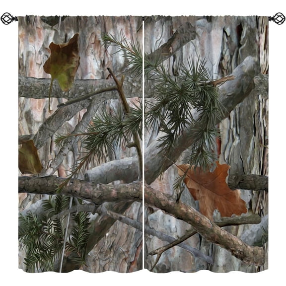 Forest Camo Curtain, Camouflage Coniferous Tree Branches Hunting Camp Cabin Pattern Window Treatments, Rod Pocket Thermal Insulated Drapes 2 Panel Sets for Bedroom Living Room, 63"W X 63"L