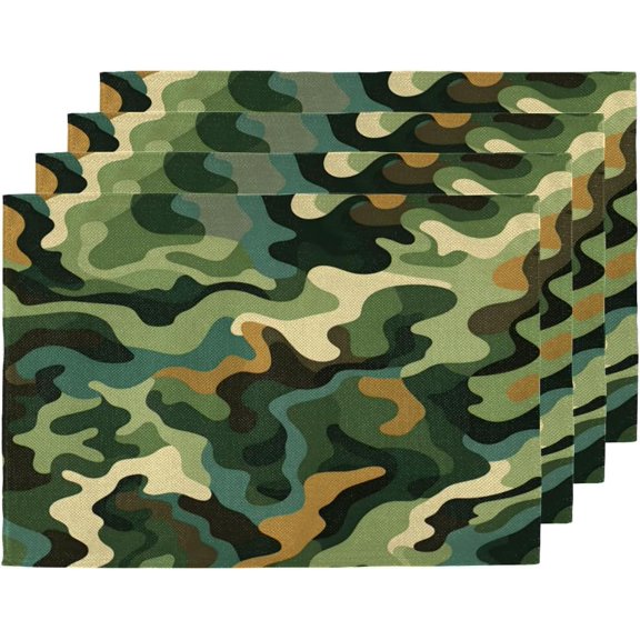 Forest Camo Placemats, 12x18 Place Mats Set of 4, Heat Resistant Place Mats, Washable Table Mats for Dining Table, Non-Slip Stain Resistant Kitchen Table Placemats, Green Camo