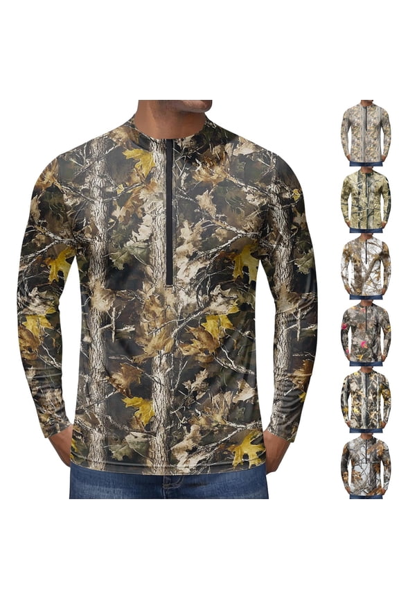 Forest Camo Quarter Zip Pullover for Men, Long Sleeve Hunting Fishing Jersey with Moisture Wicking Quick Dry Fabric - Lightweight Outdoor Athletic Performance Tops Gray M