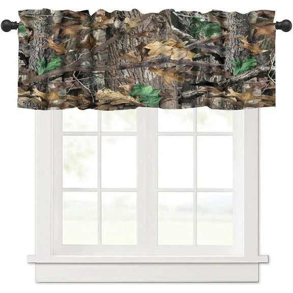 Forest Camo Valance Curtains, Camouflage Conifer Oak Branches Leaves Military Hunting Mossy Country Camp Cabin Window Valance for Home Farmhouse Kitchen Bedroom Living Room 54x18inch