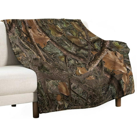 Forest Camouflage Flannel Blankets, Forest Camo Conifer Oak Branches Leaves Mossy Hunting Lodge Camp Cabin Theme Throw Bed Blanket for Sofa Chair Bed 60"x80"