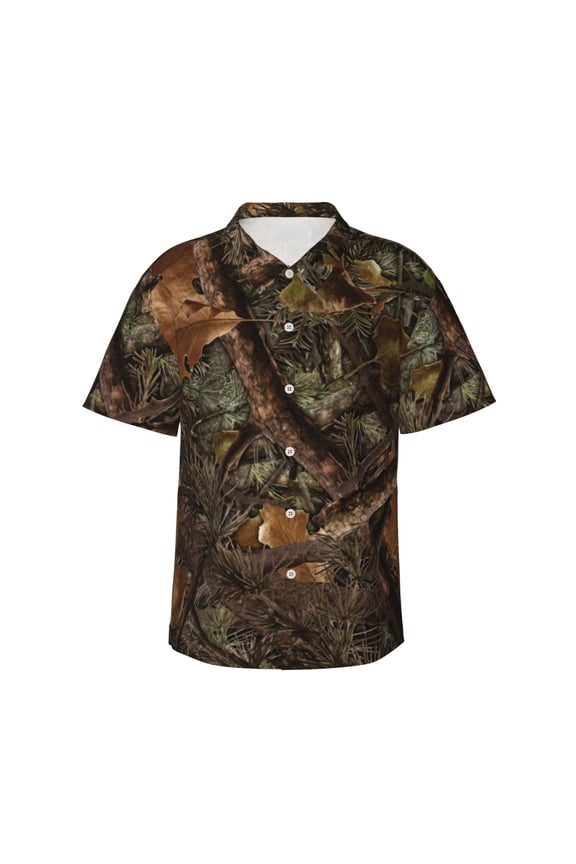 Forest Camouflage Hawaiian Shirts For Men, Summer Short-Sleeve Relaxed-Fit Button-Down Shirts Large
