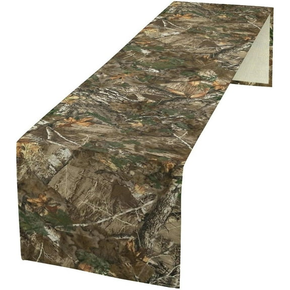 Forest Camouflage Table Runner, Camo Conifer Oak Branches Leaves Military Hunting Mossy Lodge Country Camp Cabin Theme Dinner Table Runner for Home Kitchen Dining Table Decoration 13"x108"
