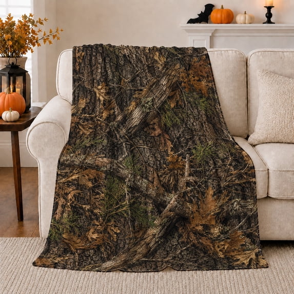 Forest Camouflage Woodland Scene Rugged Bark Autumn Leaves, Peaceful Mountain Lake Scene, Warm Flannel Blanket for Cabin and Lodge, Outdoor Lovers Thanksgiving Gift, Rustic Home Decor