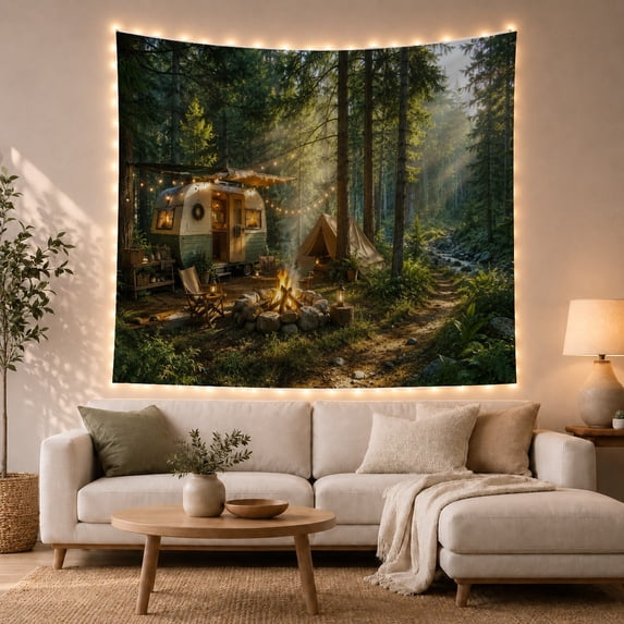 Forest Camper Scene in Soft Light, Peaceful Illustration for Nature Lovers, Forest Wall Art, Housewarming Gift, Tapestry Wall Hanging for Bedroom, Living Room and Cabin
