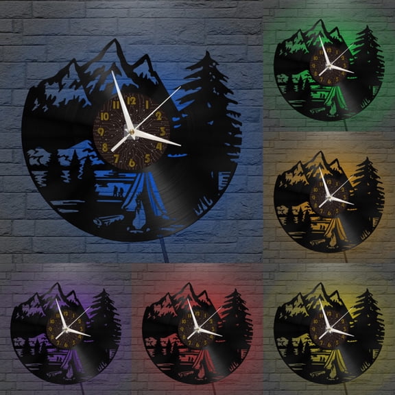 Forest Camping Decoration Vinyl Wall Clock, Vinyl Record Clock Wall Art Silent & Non-ticking(12 inchs C-LED)